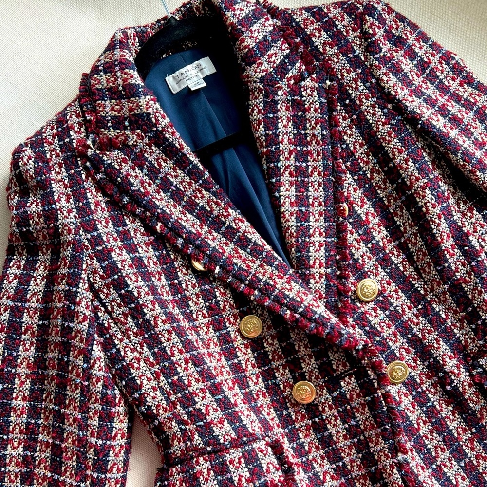 Tahari Asl Women's Tweed Fringe Trim Double Breasted Blazer Red Size 2P